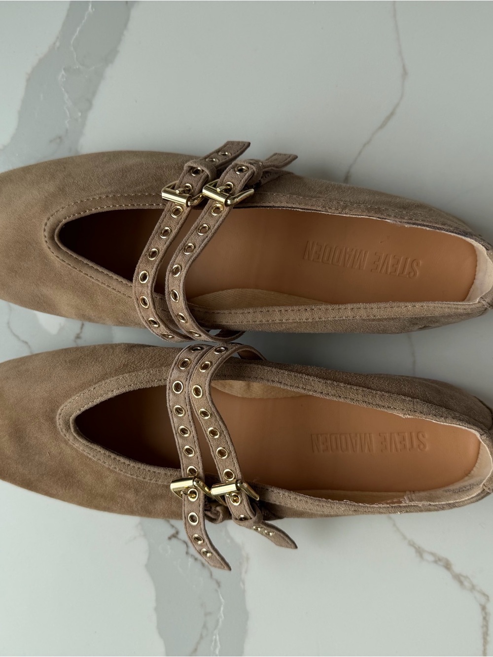 Steve Madden Taupe Suede Double-Strap Flats with Gold Buckles